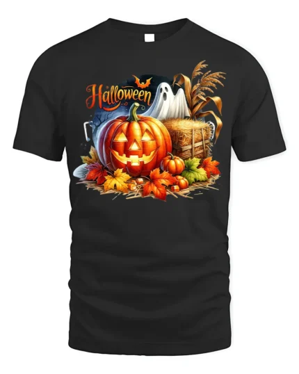 Halloween Pumpkin Ghost Scene Graphic T-Shirt - black t-shirt on white background