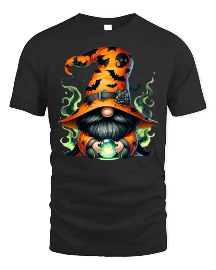Halloween Gnome Wizard Crystal Ball T-Shirt - black t-shirt on white background