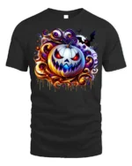 Scary White Pumpkin Halloween Graphic T-Shirt - black t-shirt on white background