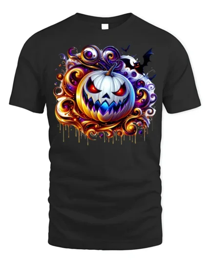 Scary White Pumpkin Halloween Graphic T-Shirt - black t-shirt on white background