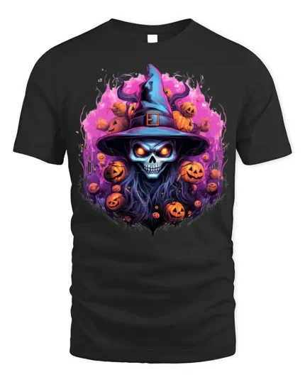 Scary Witch Skull Pumpkin Halloween T-Shirt - black t-shirt on white background