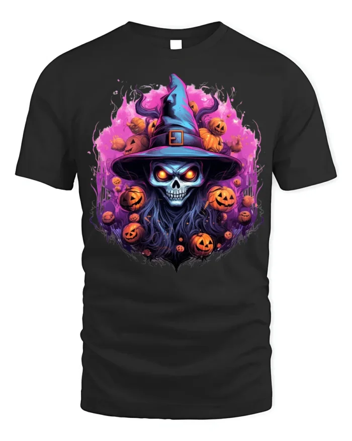 Scary Witch Skull Pumpkin Halloween T-Shirt - black t-shirt on white background
