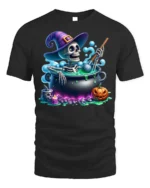 Funny Skeleton Witch Cauldron Halloween T-Shirt - black t-shirt on white background
