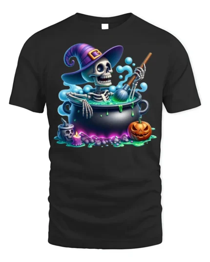 Funny Skeleton Witch Cauldron Halloween T-Shirt - black t-shirt on white background