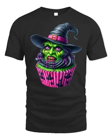 Creepy Witch Cupcake Halloween Graphic T-Shirt - black t-shirt on white background