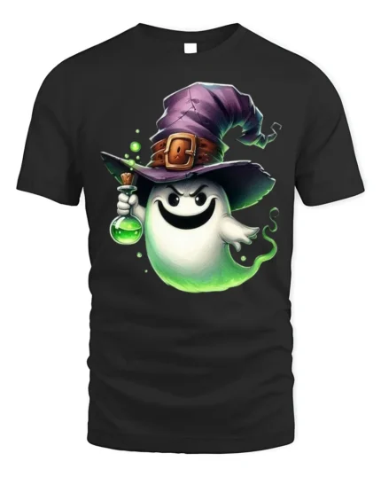 Cute Ghost Witch Potion Halloween T-Shirt - black t-shirt on white background