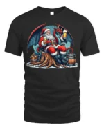 Santa Drinking Beer with Dragon Christmas T-Shirt - black t-shirt on white background