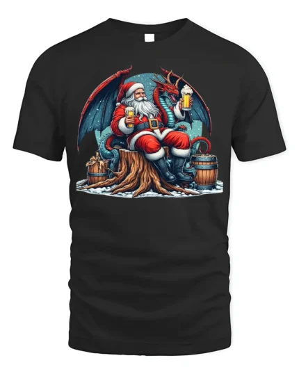 Santa Drinking Beer with Dragon Christmas T-Shirt - black t-shirt on white background