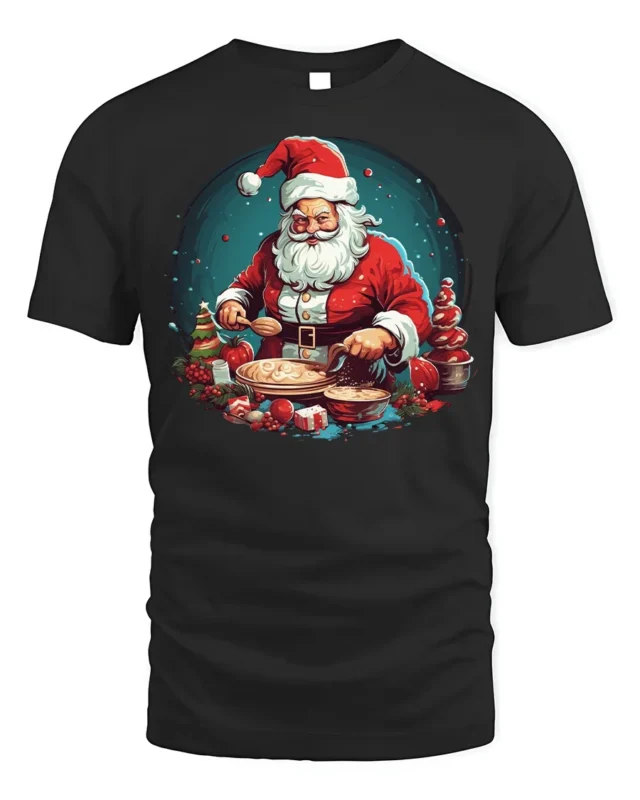 Santa Baking Christmas Cookies Graphic T-Shirt - black t-shirt on white background
