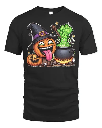 Funny Pumpkin Witch Cauldron Halloween T-Shirt - black t-shirt on white background