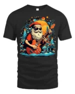 Rock and Roll Santa Guitar Christmas T-Shirt - black t-shirt on white background