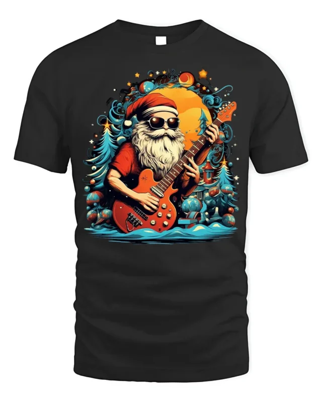 Rock and Roll Santa Guitar Christmas T-Shirt - black t-shirt on white background