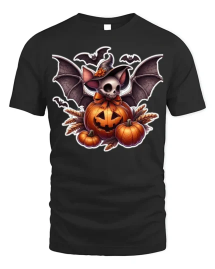Halloween Bat Skull Pumpkin Graphic T-Shirt - black t-shirt on white background