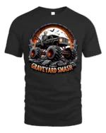 Graveyard Smash Skeleton Monster Truck T-Shirt - black t-shirt on white background