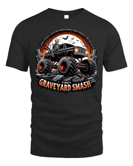 Graveyard Smash Skeleton Monster Truck T-Shirt - black t-shirt on white background