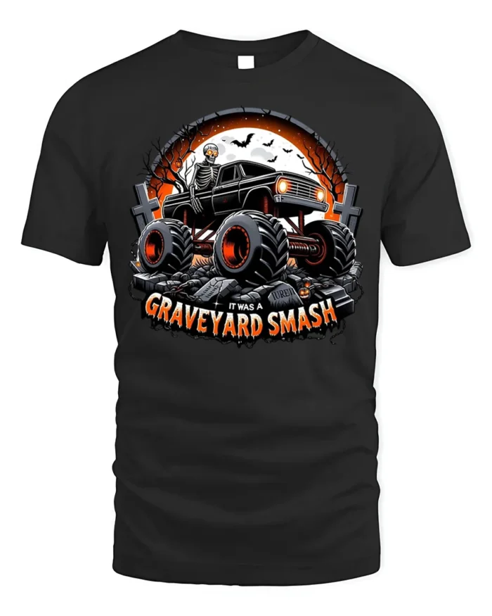 Graveyard Smash Skeleton Monster Truck T-Shirt - black t-shirt on white background