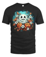 Smiling Ghost Pumpkin Floral Halloween T-Shirt - black t-shirt on white background