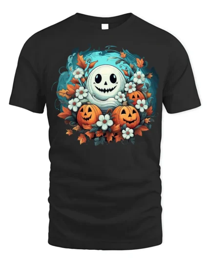 Smiling Ghost Pumpkin Floral Halloween T-Shirt - black t-shirt on white background