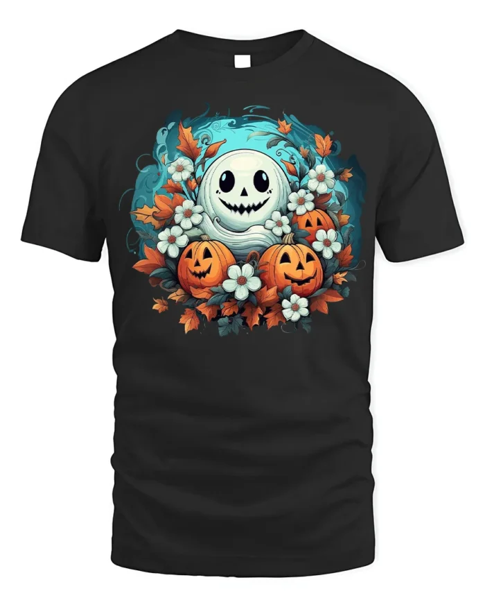 Smiling Ghost Pumpkin Floral Halloween T-Shirt - black t-shirt on white background