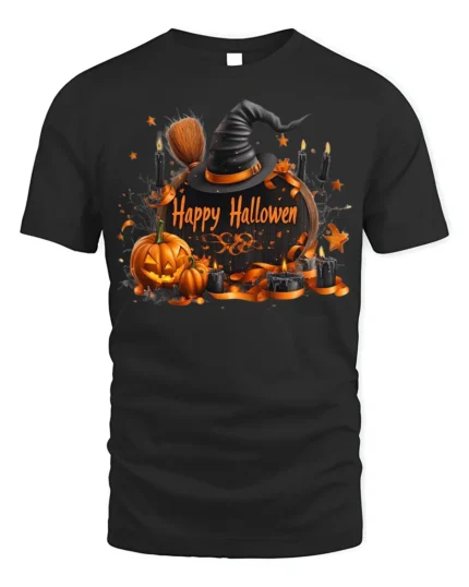 Witch Hat Pumpkin Happy Halloween T-Shirt - black t-shirt on white background