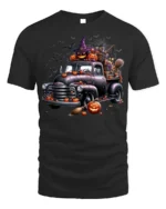 Halloween Pumpkin Witch Vintage Truck T-Shirt - black t-shirt on white background