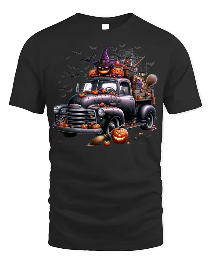 Halloween Pumpkin Witch Vintage Truck T-Shirt - black t-shirt on white background