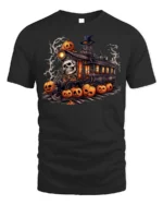 Haunted Pumpkin Skull Halloween Train T-Shirt - black t-shirt on white background