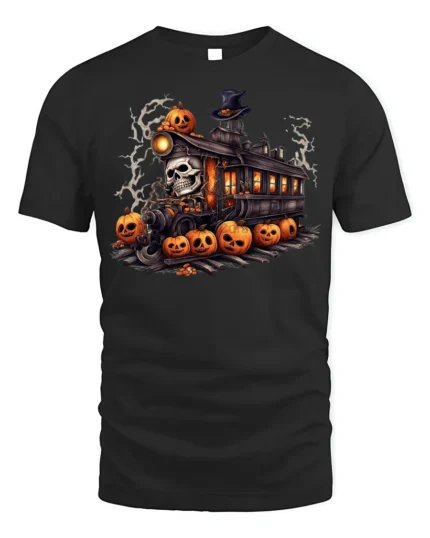 Haunted Pumpkin Skull Halloween Train T-Shirt - black t-shirt on white background