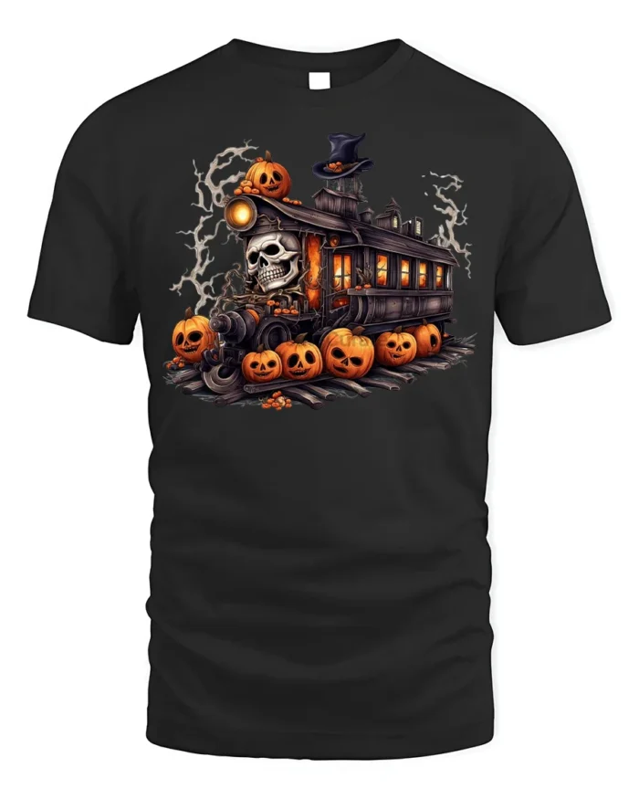 Haunted Pumpkin Skull Halloween Train T-Shirt - black t-shirt on white background