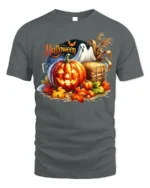 Halloween Pumpkin Ghost Scene Graphic T-Shirt - gray t-shirt on white background