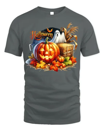 Halloween Pumpkin Ghost Scene Graphic T-Shirt - gray t-shirt on white background