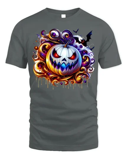 Scary White Pumpkin Halloween Graphic T-Shirt - gray t-shirt on white background