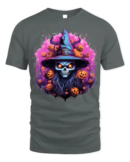 Scary Witch Skull Pumpkin Halloween T-Shirt - gray t-shirt on white background