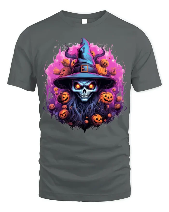 Scary Witch Skull Pumpkin Halloween T-Shirt - gray t-shirt on white background