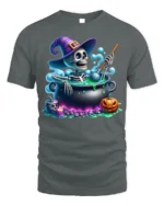Funny Skeleton Witch Cauldron Halloween T-Shirt - gray t-shirt on white background