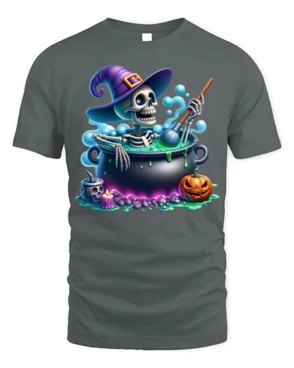 Funny Skeleton Witch Cauldron Halloween T-Shirt - gray t-shirt on white background