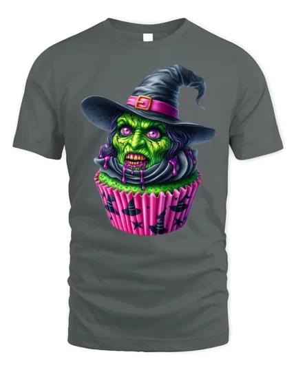 Creepy Witch Cupcake Halloween Graphic T-Shirt - gray t-shirt on white background
