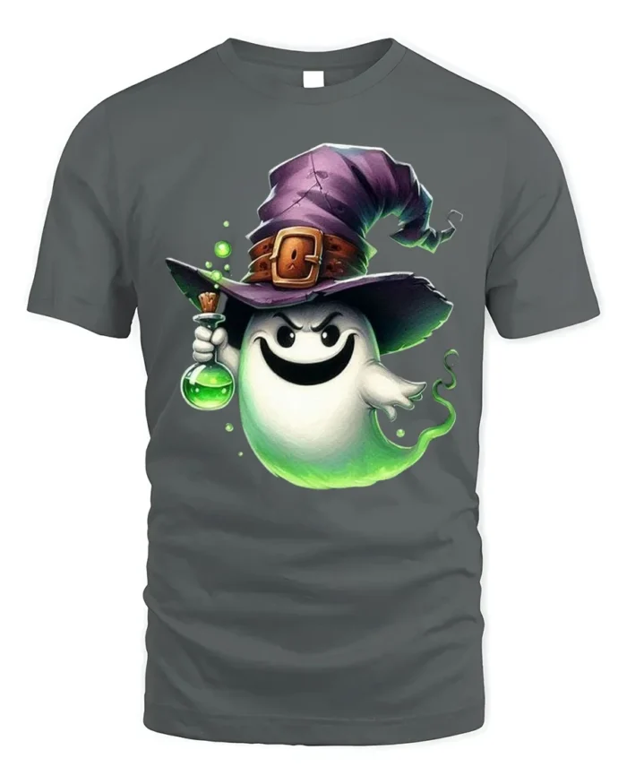Cute Ghost Witch Potion Halloween T-Shirt - gray t-shirt on white background