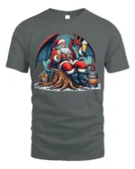 Santa Drinking Beer with Dragon Christmas T-Shirt - gray t-shirt on white background