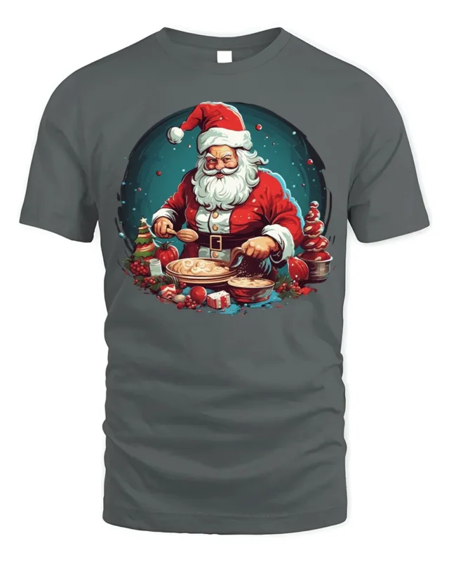 Santa Baking Christmas Cookies Graphic T-Shirt - gray t-shirt on white background