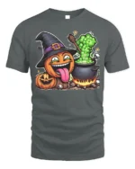 Funny Pumpkin Witch Cauldron Halloween T-Shirt - gray t-shirt on white background