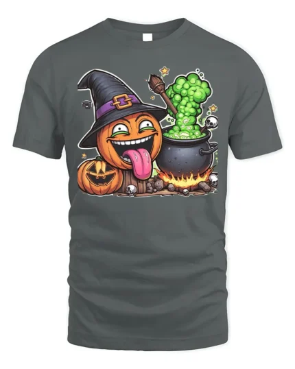 Funny Pumpkin Witch Cauldron Halloween T-Shirt - gray t-shirt on white background