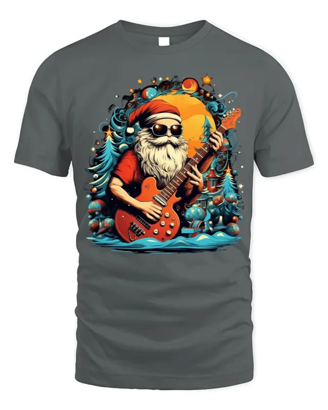 Rock and Roll Santa Guitar Christmas T-Shirt - gray t-shirt on white background