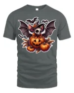 Halloween Bat Skull Pumpkin Graphic T-Shirt - gray t-shirt on white background
