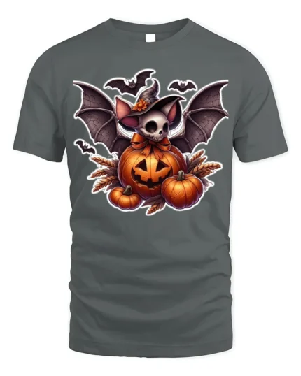 Halloween Bat Skull Pumpkin Graphic T-Shirt - gray t-shirt on white background