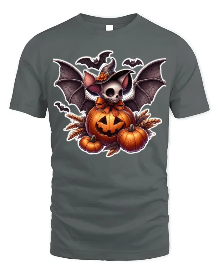 Halloween Bat Skull Pumpkin Graphic T-Shirt - gray t-shirt on white background