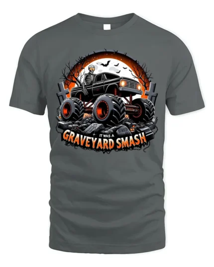 Graveyard Smash Skeleton Monster Truck T-Shirt - gray t-shirt on white background