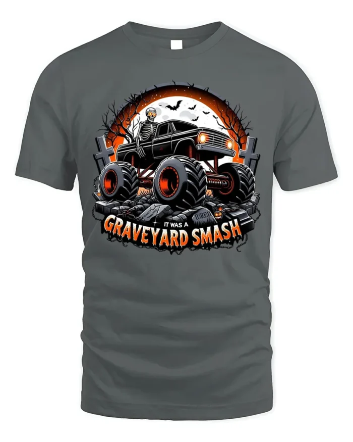 Graveyard Smash Skeleton Monster Truck T-Shirt - gray t-shirt on white background