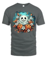 Smiling Ghost Pumpkin Floral Halloween T-Shirt - gray t-shirt on white background