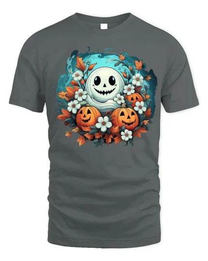 Smiling Ghost Pumpkin Floral Halloween T-Shirt - gray t-shirt on white background